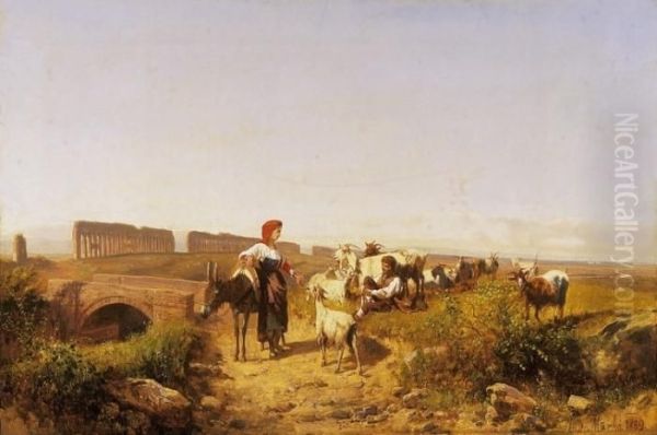 Campagna Romana (sunlight Italian Landscape With Goats Oil Painting by Andras Markos