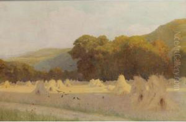 A Summer Evening: Cornstooks In A Field Near Downs Oil Painting by George Marks