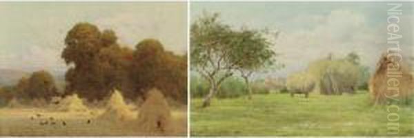 Haystacks And An August Eve In A Hayfield: Two Works Oil Painting by George Marks