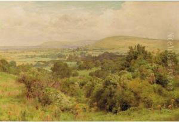 Beeding Hill From Steyning Sussex And Three Rabbits In An Autumn Landscape: Two Works Oil Painting by George Marks