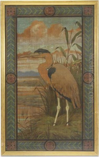 A Heron In The Rushes, Within A Stylised Foliate Border, A Design For A Tapestry Oil Painting by Henry Stacy Marks