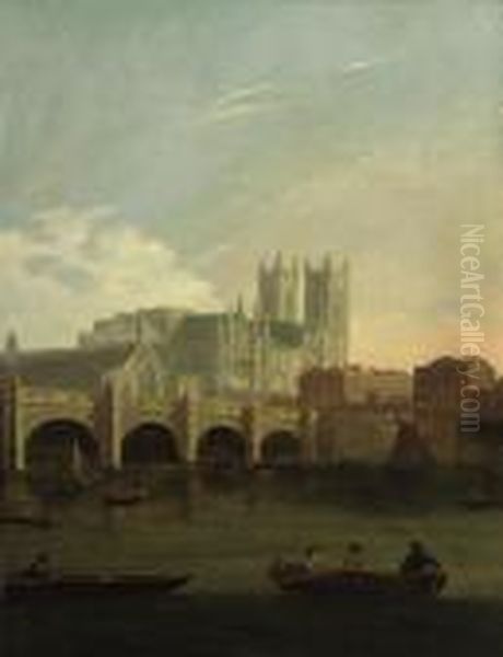 A View Of Westminster Bridge With Figures And Boats On Thethames Oil Painting by William Marlow