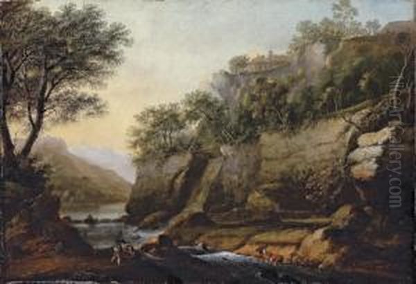 A Mountainous River Landscape With Boys Fishing Oil Painting by William Marlow