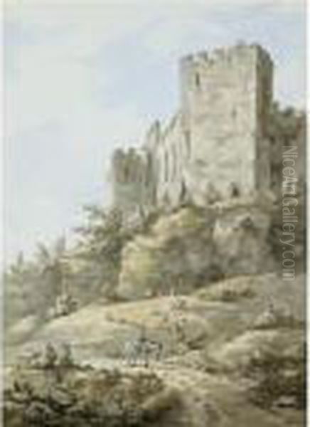 A Figure On Horseback, Ludlow Castle Beyond Oil Painting by William Marlow