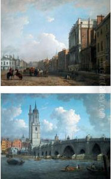 A View Of Whitehall, And A View Of London Bridge Oil Painting by William Marlow