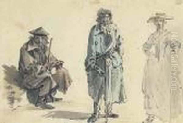 Three Figure Studies Of An Elegant Lady And Two Gentleman, Onewearing A Greatcoat Oil Painting by William Marlow