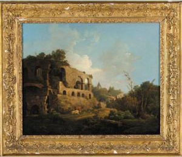 Landscape With Classical Ruins And Cattle In The Foreground Oil Painting by William Marlow