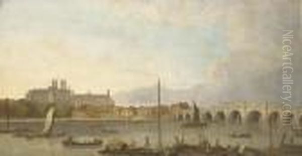 Westminster Abbey, Hall And Bridge From The Lambeth Bank Of Thethames Oil Painting by William Marlow