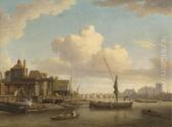 Messrs Peach And Larkin's Barge 
Building Yard On The Lambeth Bankof The Thames, Westminster Abbey Beyond Oil Painting by William Marlow