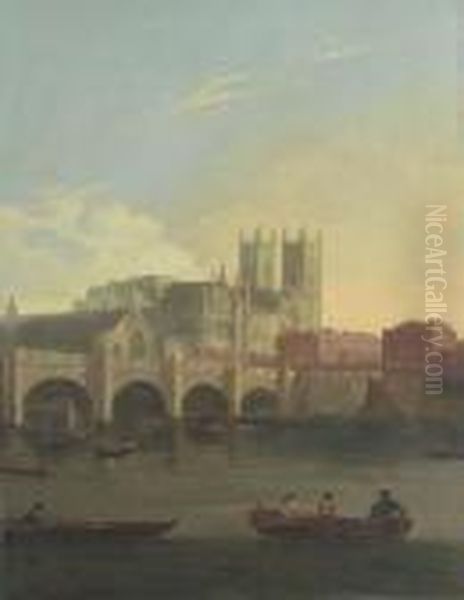 View Of Westminster Bridge With Figures And Boats On The Thames Oil Painting by William Marlow