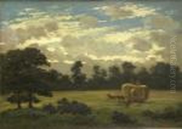 Landscape With Farm Workersloading A Cart With Hay Oil Painting by James Richard Marquis