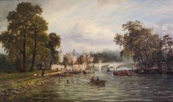 River Scene With Pleasure Craft And Strollers Oil Painting by James Richard Marquis