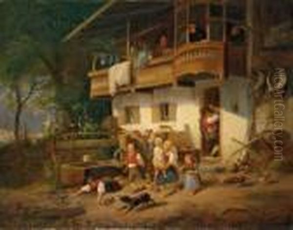 Die Vertreibung Aus Dem 
Bauernhaus. Signiert Unten Rechts: H. Marr. Ol Auf Leinwand (doubliert).
 H 51,5; B 66 Cm. Oil Painting by Joseph Heinrich L. Marr