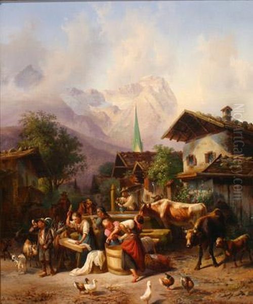 Figures At Work In An Alpine Village Oil Painting by Joseph Heinrich L. Marr