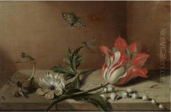 A Still Life With A Tulip, 
Anemones, Lily-of-the-valley, Acaterpillar, A Butterfly And Other 
Insects On A Wooden Ledge Oil Painting by Jacob Marrel