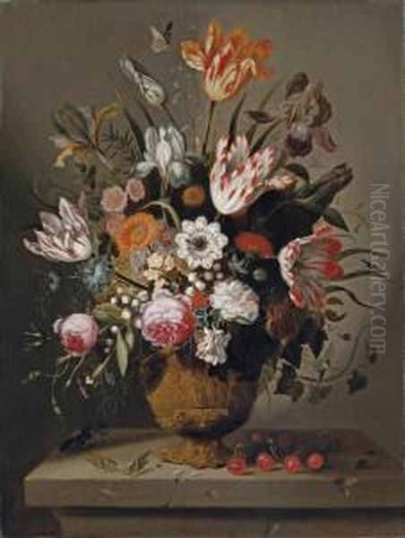 Tulips, Irises, Roses, 
Columbine, Love-in-a-mist, Lily Of The Valley And Other Flowers In A 
Terracotta Vase With Cherries, Crickets And A Stag Beetle On A Stone 
Ledge Oil Painting by Jacob Marrel