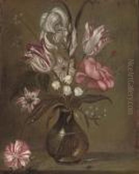 Parrot Tulips, A Rose, Irises And Other Flowers In A Glass Vase On A Stone Ledge Oil Painting by Jacob Marrel