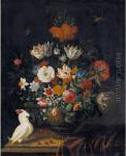 Still Life Of Flowers Including 
Irises, Roses, A Crown Imperial Lily, Marigolds And Parrot Tulips, In A 
Sculpted Stone Vase, With A Cockatoo And Dragonflies Oil Painting by Jacob Marrel