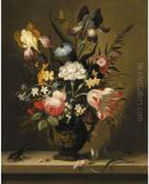 A Still Life Of Flowers, 
Including A Parrot Tulip, Irises And Roses, In A Grotesque Vase With 
Insects And A Stag Beetle On A Stone Ledge Oil Painting by Jacob Marrel