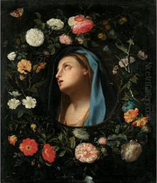 Madonna Encircled By A Garland Of Flowers Oil Painting by Jacob Marrel