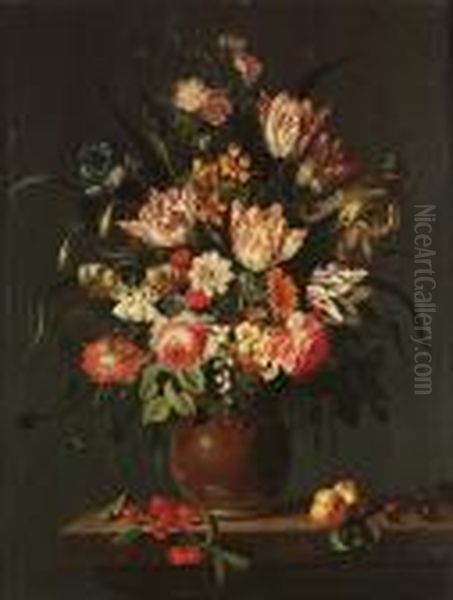 Tulips, Roses, Irises And Other 
Flowers In A Rhenish Stoneware Jug With Applied Medallion, Beside 
Cherries And Nectarines On A Marble Ledge With A Butterfly, A Bee, 
Dragonflies And Other Insects Oil Painting by Jacob Marrel