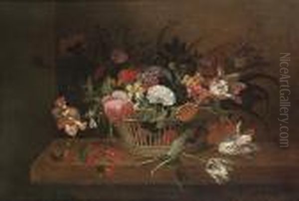 Tulips, Roses, Poppies And Other
 Flowers In A Basket With A Red Admiral Butterfly And Other Insects 
Beside A Bunch Of Cherries On A Tabletop Oil Painting by Jacob Marrel