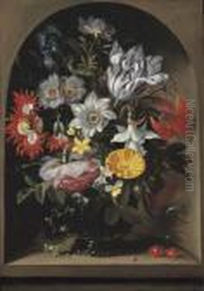 Anemones, A Tulip, An Opium 
Poppy And Other Flowers In A Glassvase, With A Sand Lizard And A 
Ladybird, In A Stone Niche Oil Painting by Jacob Marrel