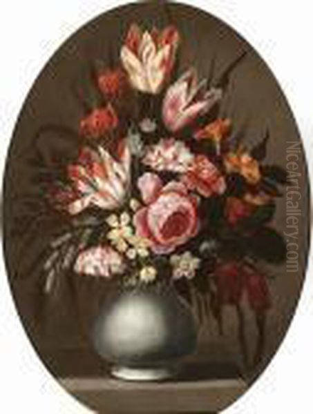 Tulips, Roses, Auricular, Bluebells And Other Flowers In A Pottery Vase On A Stone Ledge Oil Painting by Jacob Marrel