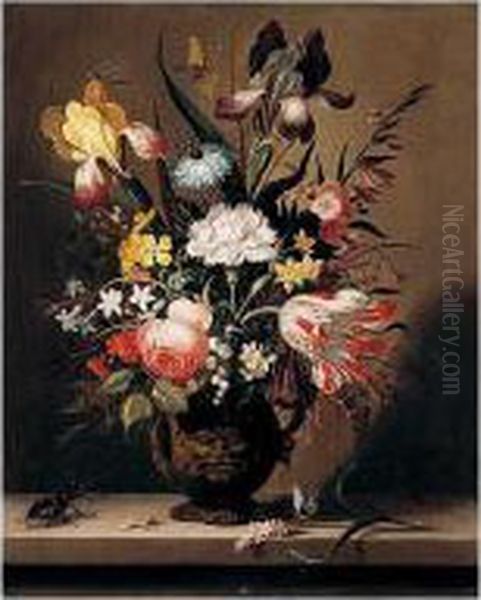 A Still Life Of Flowers, 
Including Tulips, Roses And Irises, In A Grotesque Vase With Insects And
 A Stag Beetle On A Stone Ledge Oil Painting by Jacob Marrel