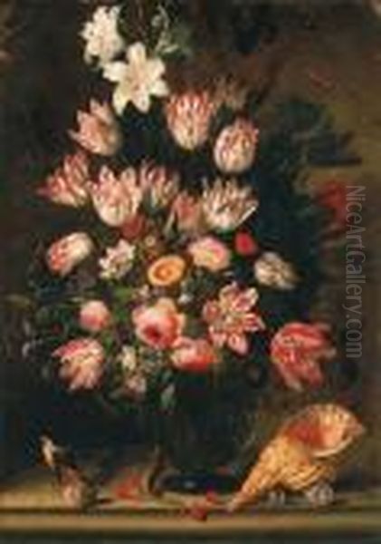 Parrot Tulips, Roses, Lilies, An
 Iris And Other Flowers In A Nicheon A Stone Shelf, With Shells, 
Cherries, A Lizard, A Stag Beetle, Akingfisher, Butterflies, A 
Dragonfly, A Bee, A Grasshopper Andother Insects In A Recess Oil Painting by Jacob Marrel