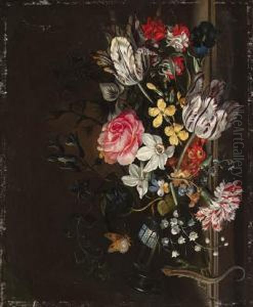 Parrot Tulips, Narcissi, Morning
 Glory, Forget-me-nots, A Rose, Acarnation, Lily Of The Valley, 
Colombine And Other Flowers Spillingout Of An Upturned Glass Vase, With A
 Butterfly And A Lizard Oil Painting by Jacob Marrel