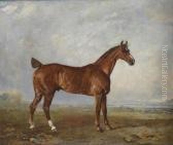 A Chestnut Hunter In A Landscape Oil Painting by Benjamin Marshall