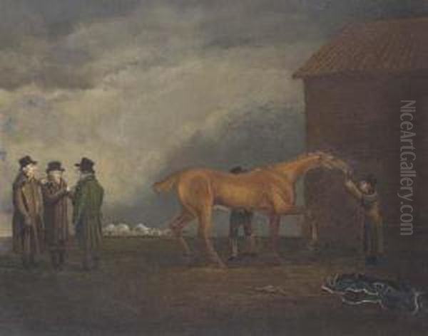 Rubbing Down Muly Moloch, With Portraits Of Trotter, Hardy Andsimpson Oil Painting by Benjamin Marshall