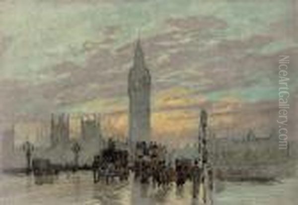 Omnibuses On Westminster Bridge Before Big Ben At Sunset Oil Painting by Herbert Menzies Marshall