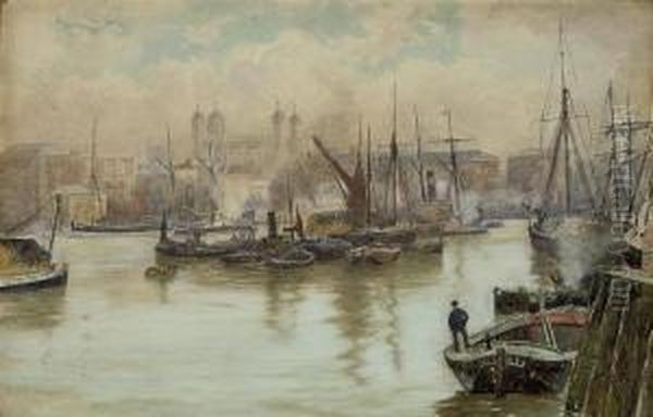 A Busy Day In The Pool Of London Before The Tower Oil Painting by Herbert Menzies Marshall