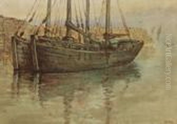 Scarborough Fishing Boats At Port Oil Painting by Herbert Menzies Marshall