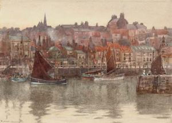 Fishing Trawlers In The Harbour At Whitby Oil Painting by Herbert Menzies Marshall