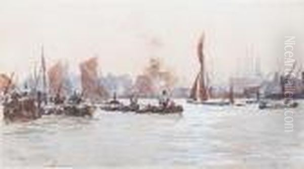 Dockland View With Rivercraft Oil Painting by Herbert Menzies Marshall