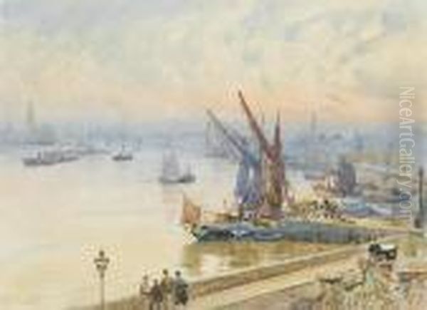 Chelsea Harbour From Cheyne Walk Oil Painting by Herbert Menzies Marshall