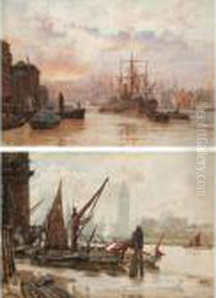 Sunset, St. Pauls; Boats Docking With Westminster Beyond Oil Painting by Herbert Menzies Marshall