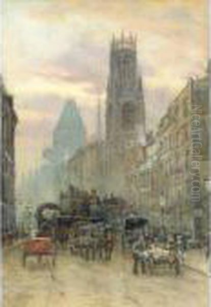 A View Of Fleet Street With The Church Of St. Dunstan's And The Royal Courts Of Justice Oil Painting by Herbert Menzies Marshall