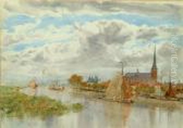 A Continental River Scene With Cathedral Oil Painting by Herbert Menzies Marshall