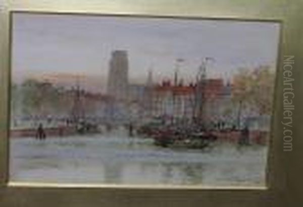 View Of Dorrecht From The River At Sunset, Signed And Dated 1898, Watercolour Oil Painting by Herbert Menzies Marshall