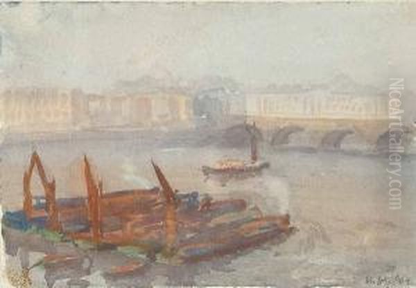 A View Down The Thames, Thought To Be Waterloo Bridge Oil Painting by Herbert Menzies Marshall