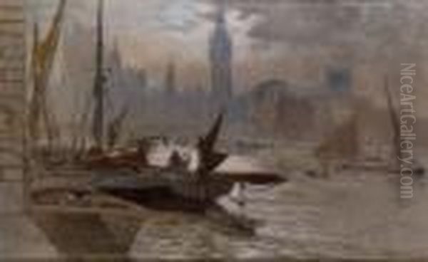 Westminster From The River Oil Painting by Herbert Menzies Marshall