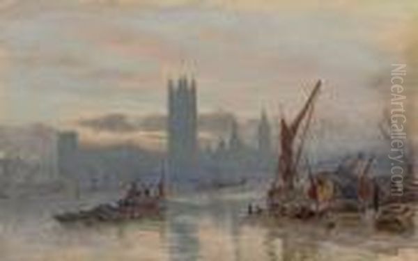 The Thames With The Houses Of Parliament In The Background Oil Painting by Herbert Menzies Marshall