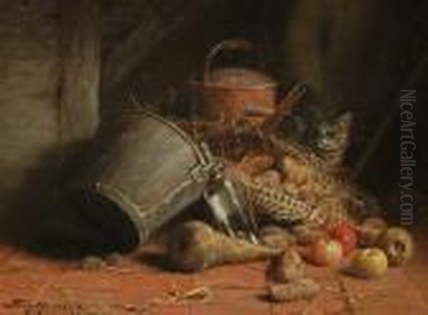 A Cat Hiding In A Barn Oil Painting by John Fitz Marshall