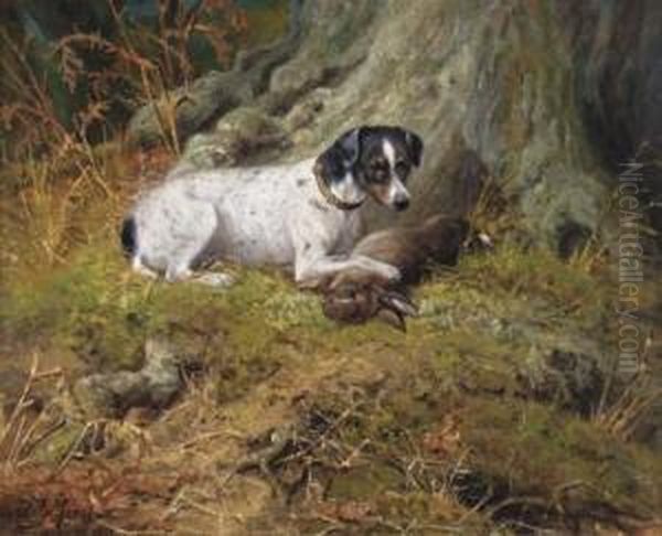 A Terrier With A Hare Oil Painting by John Fitz Marshall