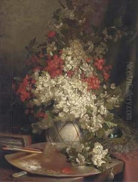 Still Life Of May Blossom In A Vase Oil Painting by John Fitz Marshall