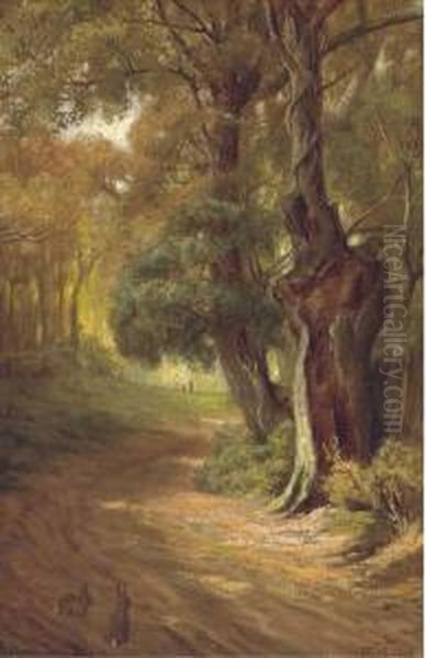 Bunnies On A Woodland Track Oil Painting by John Fitz Marshall